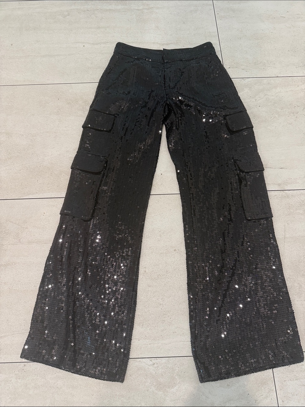 Alice + Olivia Black Sequin Cargo Wide-Leg Pants